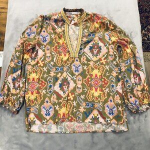 ZARA Printed Blouse V-Neck Size S Sheer Top Green Multicolor Pattern